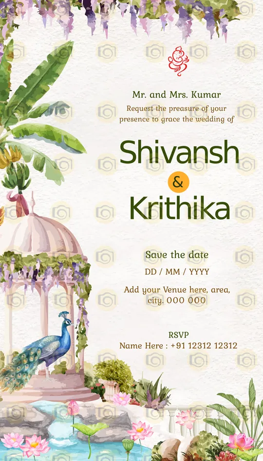 Whimsical Wedding Invitation Card Featuring Floral Designs In Soft Pastels In A Garden